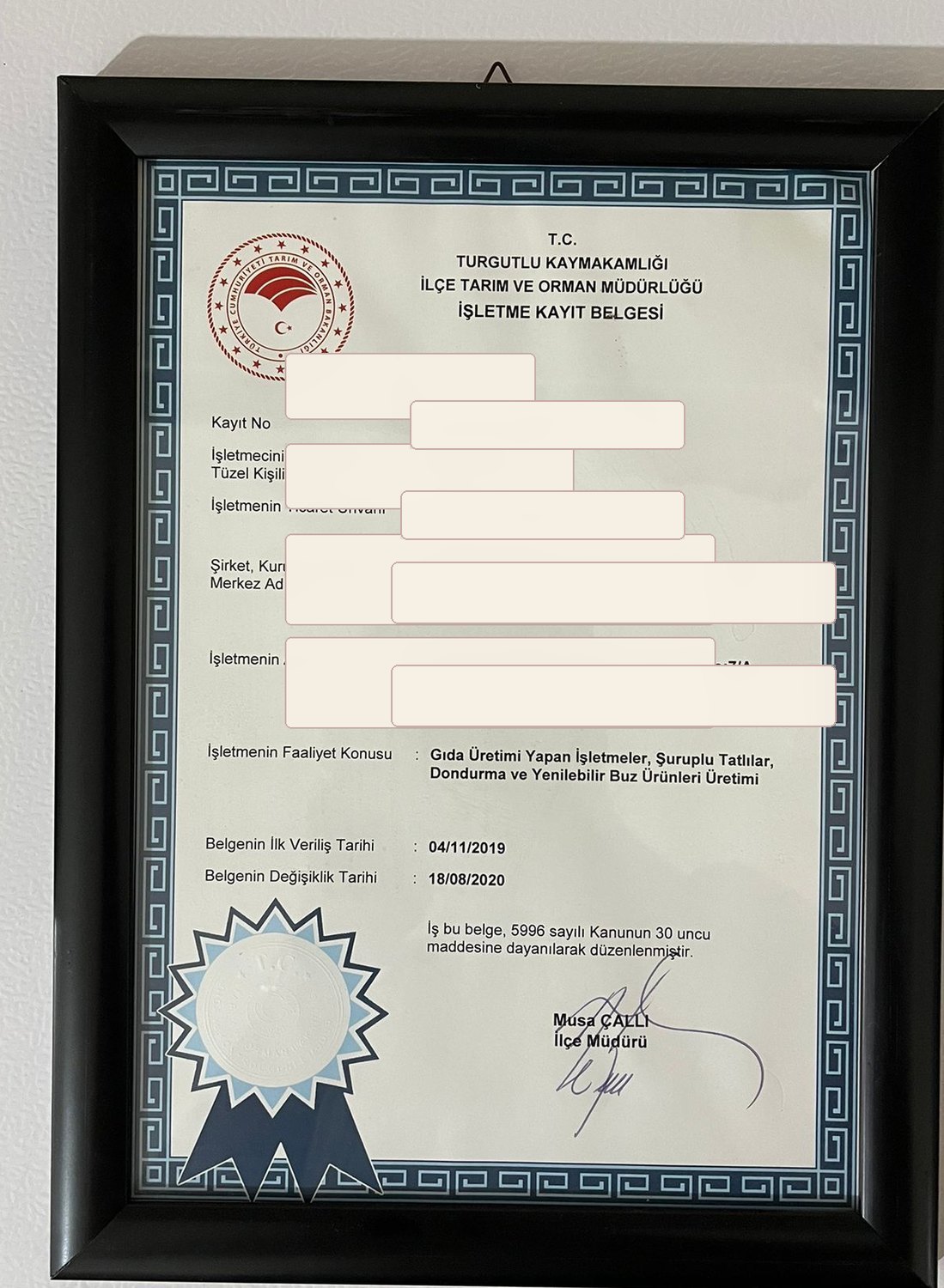 Beyşam işletme kayıt belgesi, hassas alanlar gizlenmiş