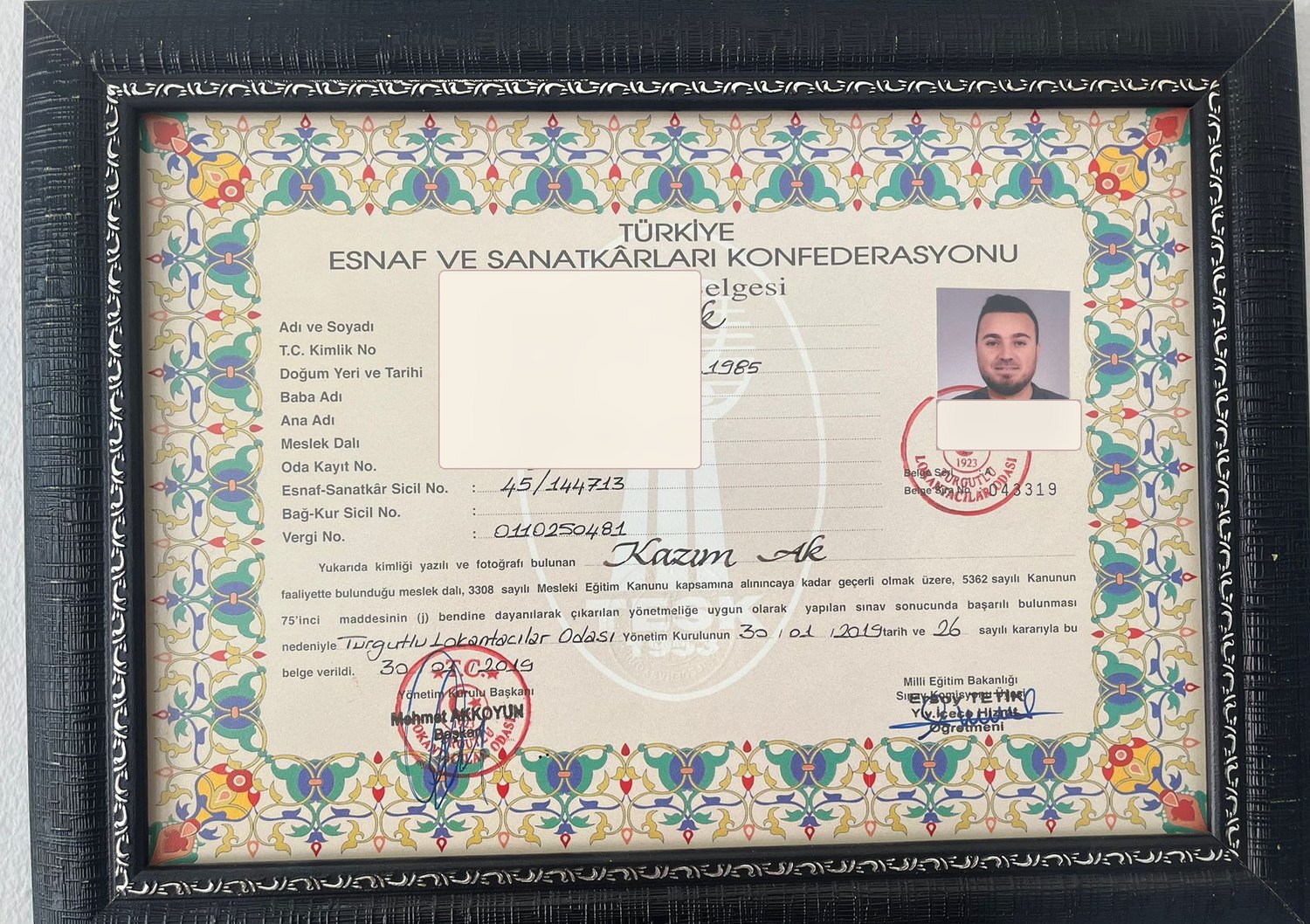 Ustalık belgesi, önemli numaralar gizlenmiş